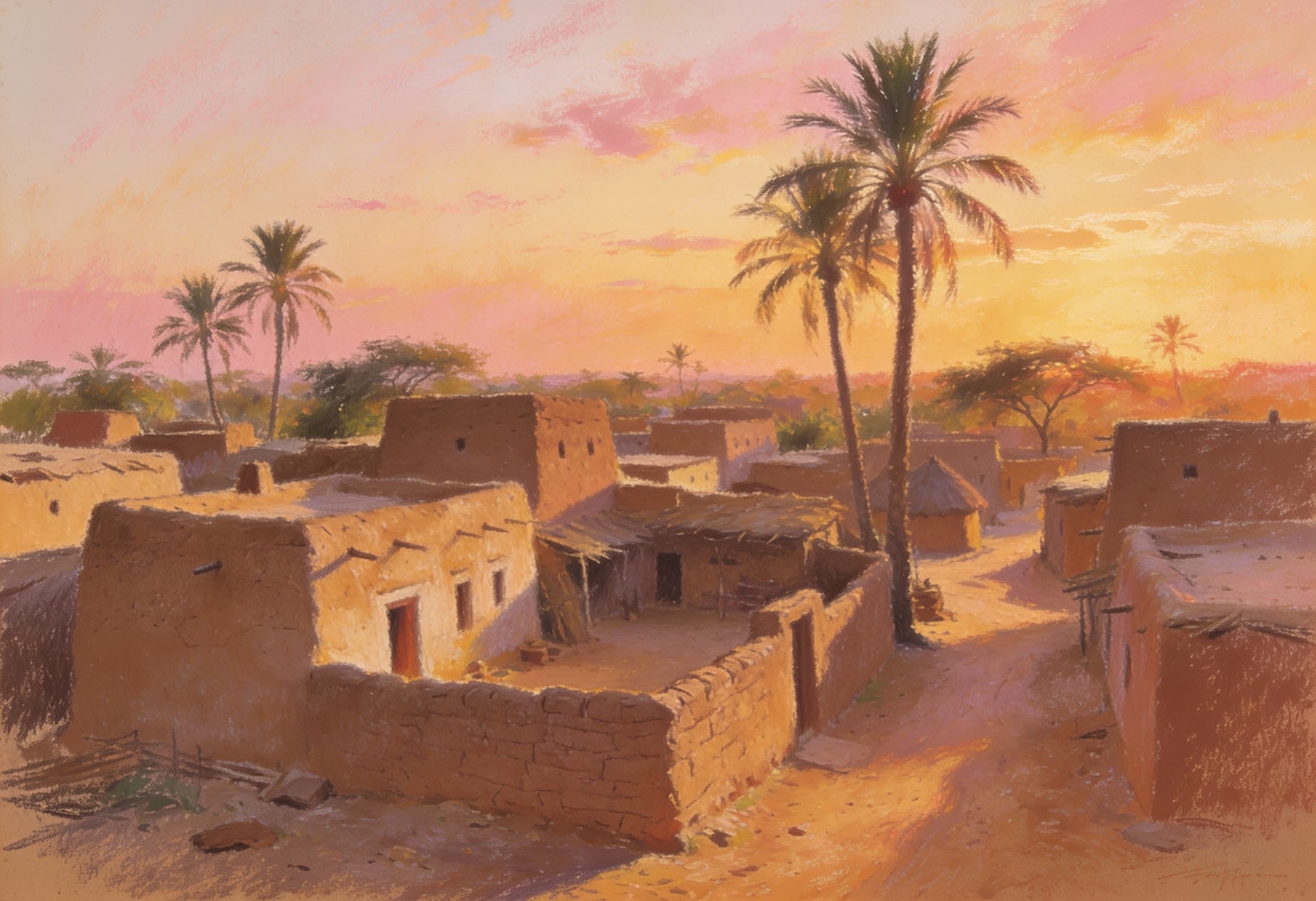 Village au crépuscule par Fatou Diabaté — Pastel, dessin